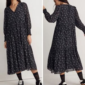 Madewell Georgette Tierred Midi Dress Womens Medium Navy Blue Enchanted Floral